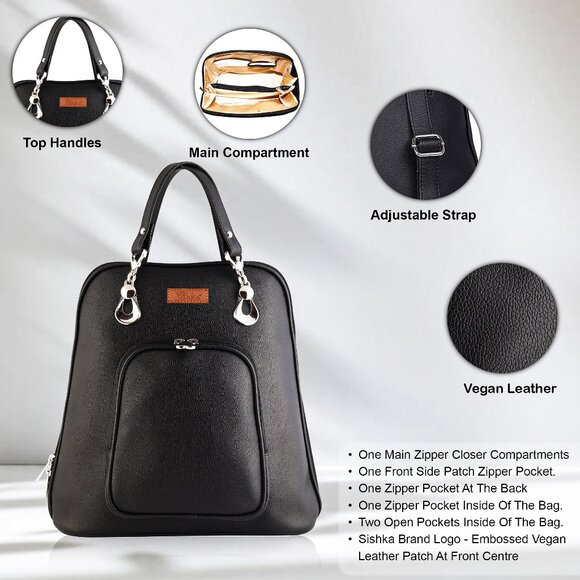 Women’s Black Vegan Leather Backpack – Top Handle Daypack - Picture 4 of 10